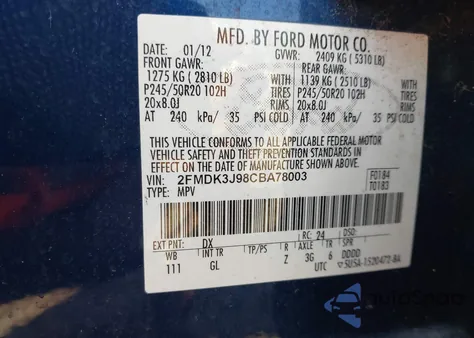 2012 Ford Edge Sel из США, поврежденный, VIN 2FMDK3J98CBA78003